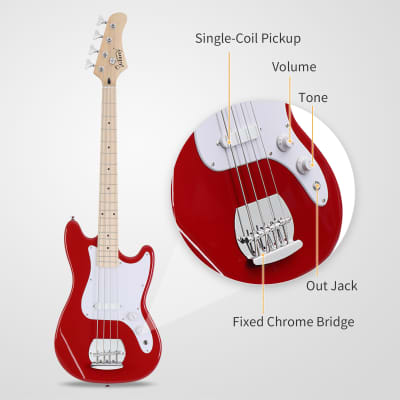 Glarry 4-String 30in Short Scale Thin Body GB Electric Bass Guitar with Bag Strap Connector Wrench Tool 2020s - Red image 12