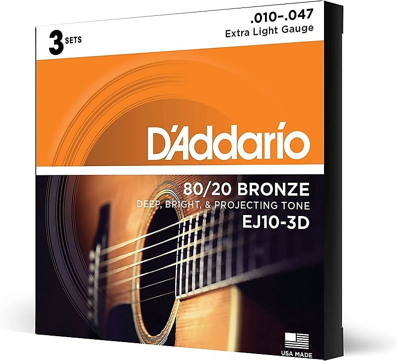 DAddario EJ10-3D EXTRA LIGHT 80/20 Bronze 10-47 Acoustic Guitar Strings 3 SETS image 1