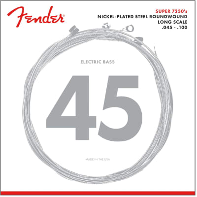 Fender 7250 Bass Strings, Nickel Plated Steel, Long Scale, 7250ML .045-.100 Gauges, (4) Standard