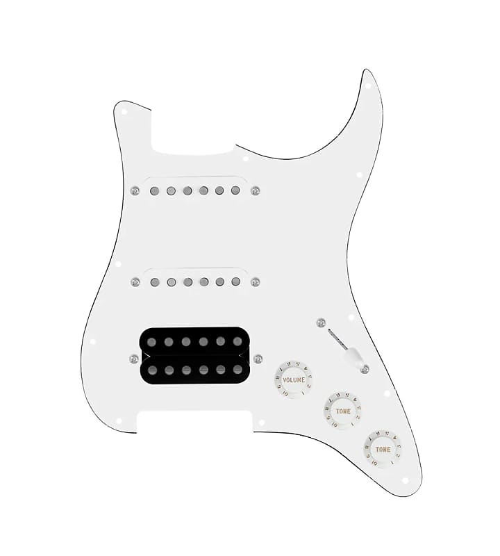 920D Custom HSS Loaded Pickguard For Strat With An Uncovered Cool Kids Humbucker, White Texas Grit Pickups, Black Knobs, and White Pickguard image 1