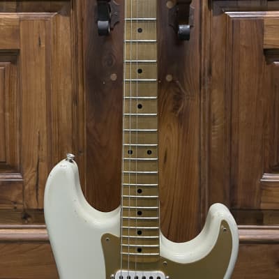 FREAKIN! Danocaster Strat 2014 Nicotine White with Anodized Gold Pickguard V-Neck (Video Demo) image 5