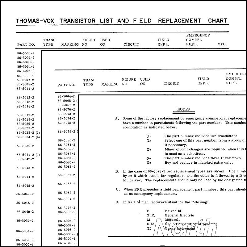 Thomas Vox Transistor List and Field Replacement Chart Reprint - Dated 2/7/1968 image 1