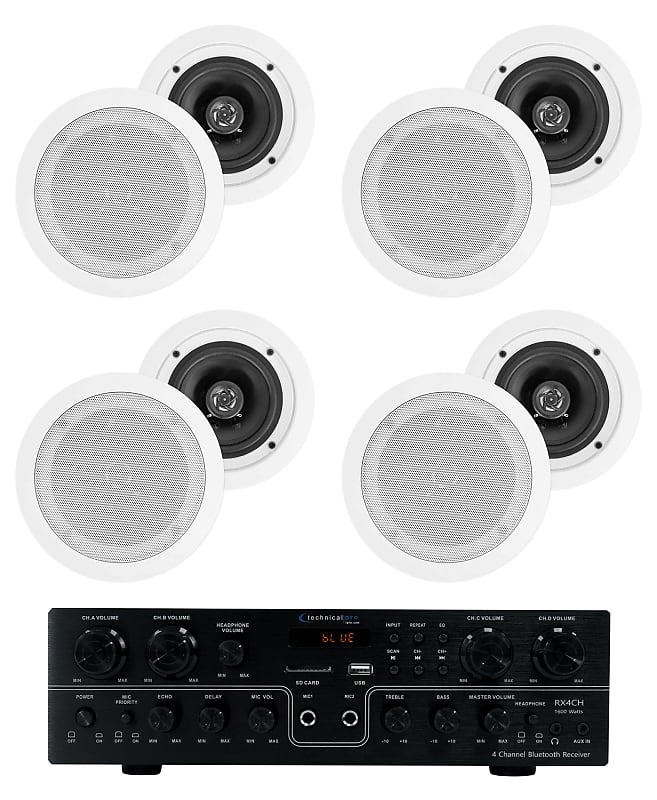 Technical Pro RX4CH Bluetooth Home Receiver Amp+(8) 5.25" White Ceiling Speakers image 1