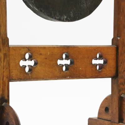 Victorian Era Gothic Revival Dinner Gong 14” Brass Cymbal & Oak Frame Stand Rare Vintage Percussion w/ Mallet image 9