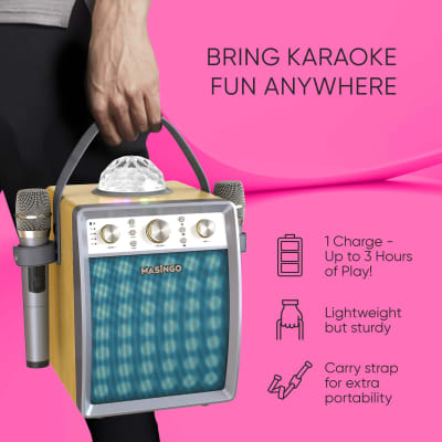 MASINGO 2023 Karaoke Machine for Adults & Kids with 2 UHF Wireless Microphones - Portable Singing PA Speaker System Set w/ Two Bluetooth Mics, Disco Ball Party Lights & TV Cable - Ostinato M7 Wood image 7
