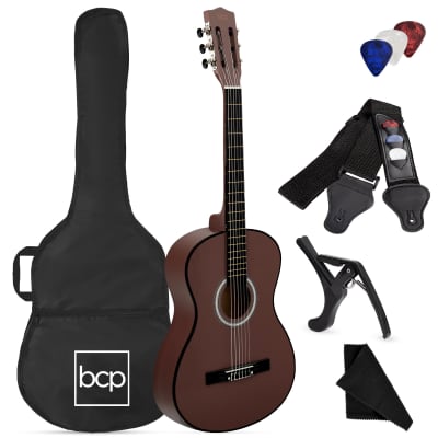 Best Choice Products Beginner Acoustic Guitar Set w/ Case, Strap, Strings - 38in-Natural Mahogany image 15