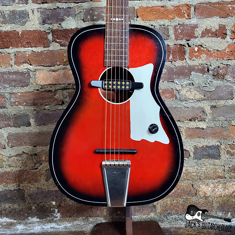 Astro Parlor Guitar w/ Goldfoil Pickup, Rubber Bridge & Gig Bag (1960s, Redburst) image 1