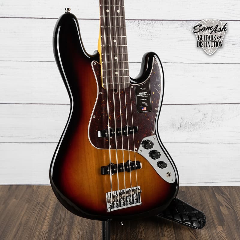 Fender American Professional II Jazz Bass V 5-String Bass, 3-Color  Sunburst, Rosewood Fretboard