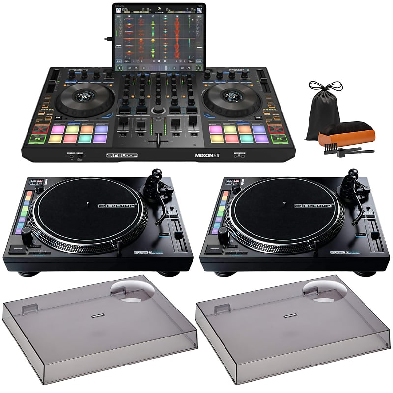 Reloop Mixon 8 Pro 4-Channel Professional DJ Controller with Reloop RP-8000 MK2 Turntable (Pair) and Record Care Kit