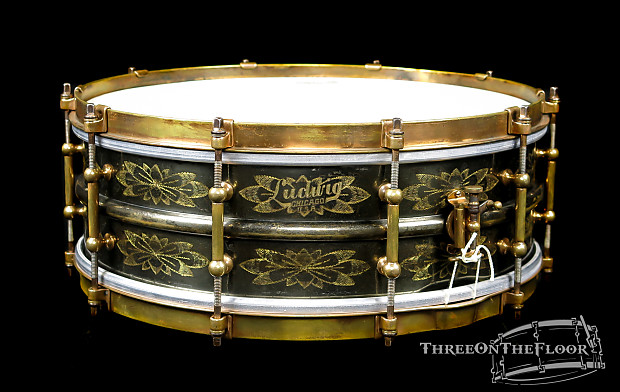 Ludwig 1930s Black Beauty Vintage Snare Drum Floral Engraved Black Nickel Over Brass