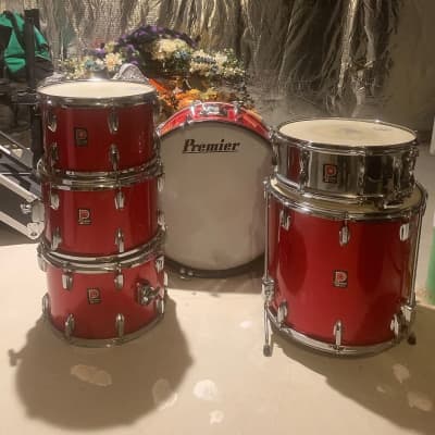 Premier 6500 This vintage drum set is like brand new hardly ever used I bought it in 7475 and stop playing shortly afterwards and kept in cases ever since as you can see the black cases in the photo they’ve been in those cases for years Red image 1