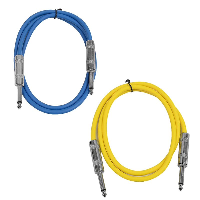 2 Pack of 2 Foot 1/4" TS Patch Cables 2' Extension Cords Jumper - Blue & Yellow image 1
