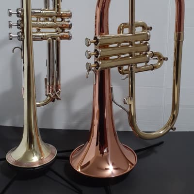 Blessing Flugelhorn & GETZEN Super Deluxe Trumpet W Combo Case & MP's - Clear Lacquer / Raw Brass image 7