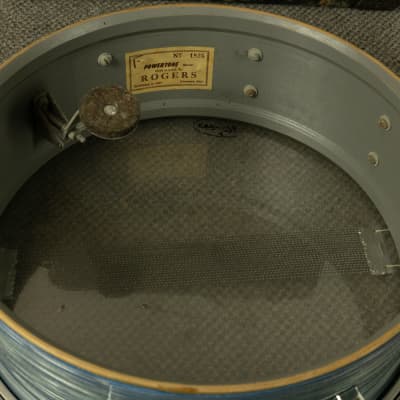 1960s Rogers 5x14 Light Blue Pearl Ripple Powertone Snare Drum image 9
