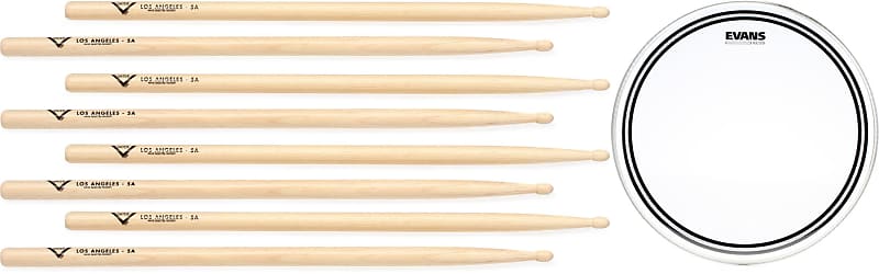 Vater Hickory Drumsticks 4-pack - Los Angeles 5A - Wood Tip  Bundle with Evans EC2 Clear Drumhead - 16 inch image 1