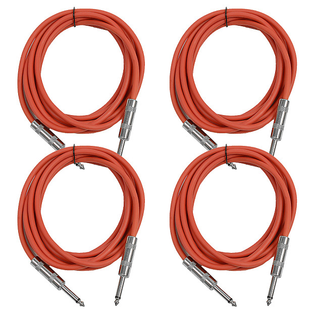 Seismic Audio SASTSX-10-4RED 1/4" TS Male to 1/4" TS Male Patch Cables - 10' (4-Pack) image 1
