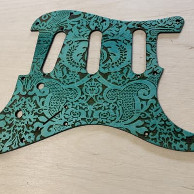 US made turquoise 1910s stencil laser engraved wood pickguard for Stratocaster image 1
