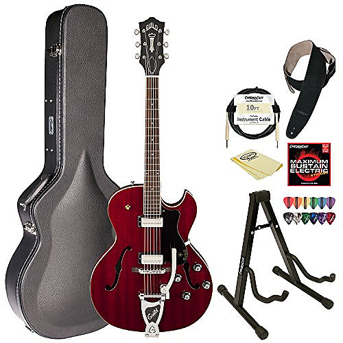 Guild Cherry Red Starfire III Hollowbody Electric Guitar W/Guild Vibrato Tailpiece with Guild Hard Case, ChromaCast Electric Strings, Cable, Strap, Picks, Stand and Polish Cloth image 1