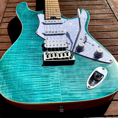Immagine Aria Pro II 714-MK2 TQBL FULLERTON Turquoise Blue Flame Top Guitar *Demo Video Inside* - 3