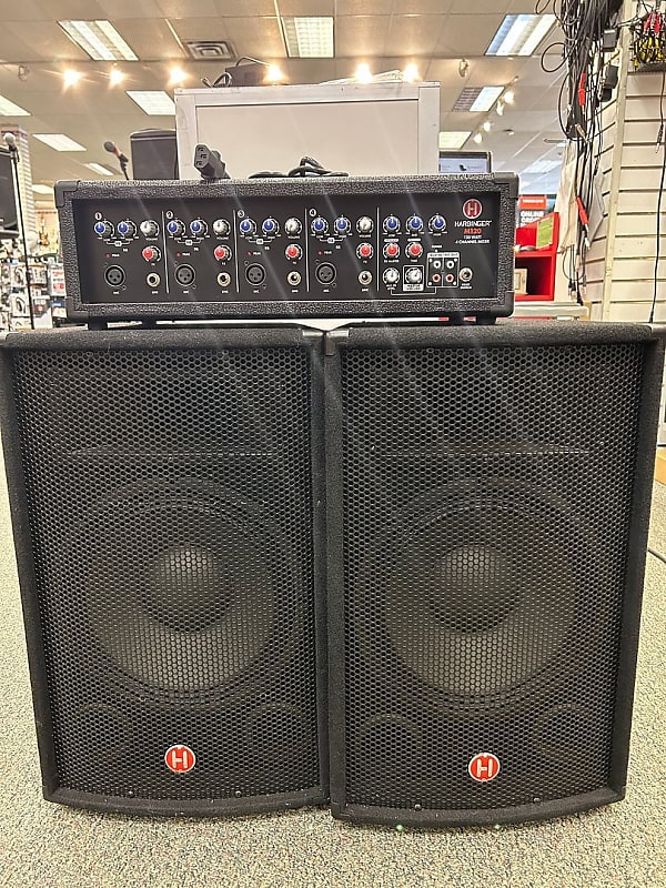 Harbinger M120 4 Channel mixer with speaker pair PA System Reverb