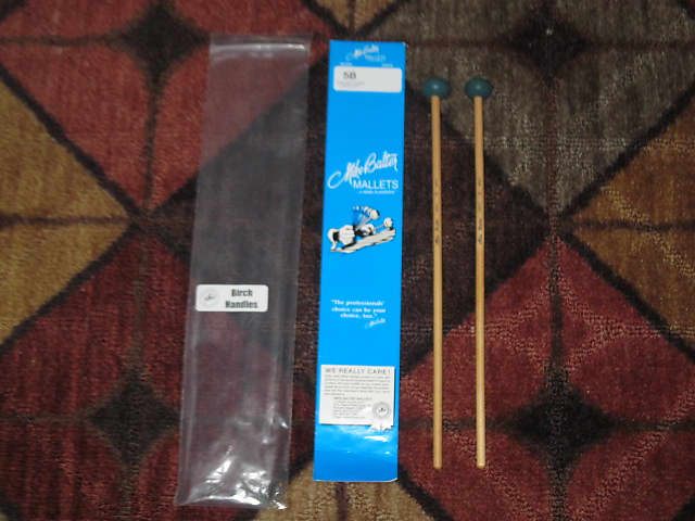 one pair new old stock A+ Mike Balter MB5B (5B) Medium Hard Keyboard Mallets - 1" diameter Oval Dark Green Rubber HEADS and Natural Birch HANDLES (for Marimba, Xylophone) mid to late 1990s (+ packaging) Unwound Series image 1