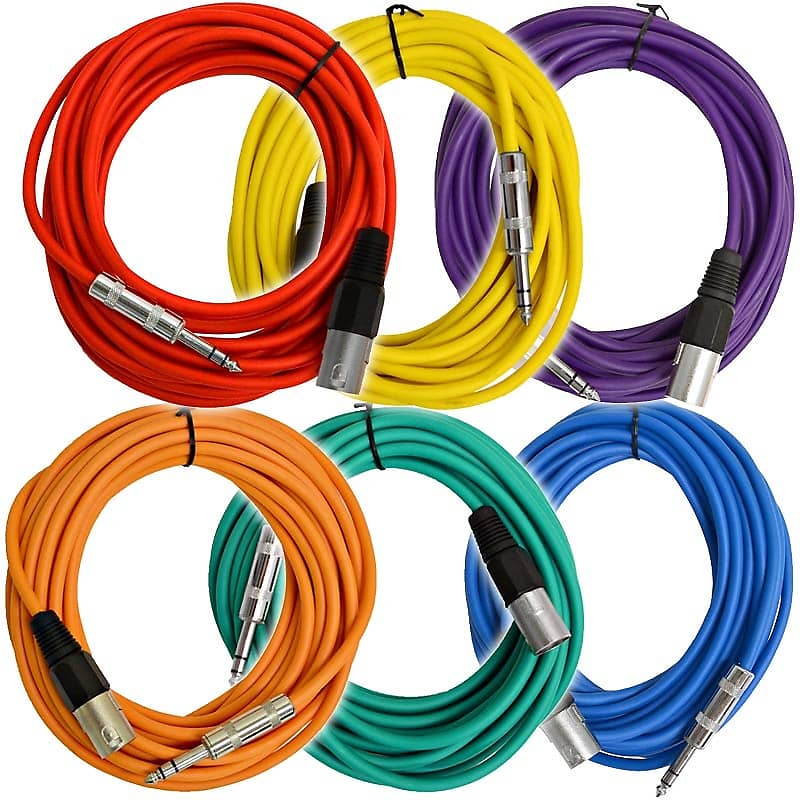 6 Pack of Multiple Colors 25 Ft XLR Male to 1/4" TRS Patch Cable Snake Cords NEW image 1