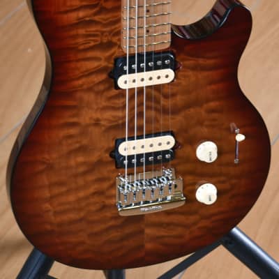 Music Man Axis Super Sport HH Tremolo Roasted Figured Maple Neck & Fretboard Quilted Amber image 4