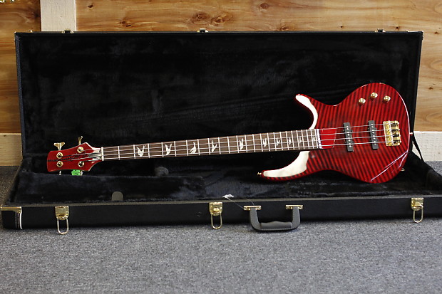 Defrancesco 4 string bass, red & black stripes, bird inlays, Jazz pickups + hard shell case image 1