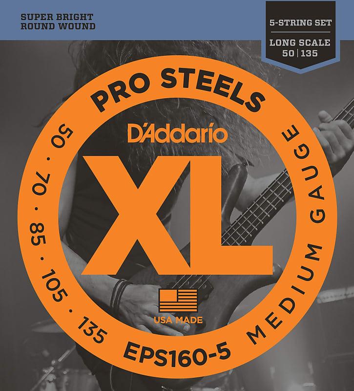 D'Addario EPS160-5 5-String ProSteels Bass Guitar Strings, Medium, 50-135, Long Scale image 1