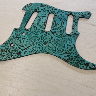 US made turquoise 1910s stencil laser engraved wood pickguard for Stratocaster image 4