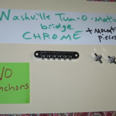 new very near A+ (NO packaging) genuine Gibson Nashville Tune-O-Matic Bridge Chrome: bridge + saddles and height adjustment mounting pieces (NO anchors) image 1