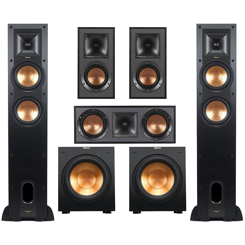 Klipsch Reference 5.2 Home Theater Pack with 2x R-26FA Floorstanding Speaker, 2x R-12SW Subwoofer, R-25C Center Channel Speaker and 2x R-41M Bookshelf Speaker, Black  			