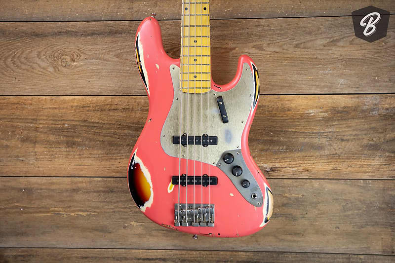 Nash Guitars JB-5 Bass Guitar in Fiesta Red over 3-Tone Burst w/ Matching  Headstock and Gold Anodized Pickguard