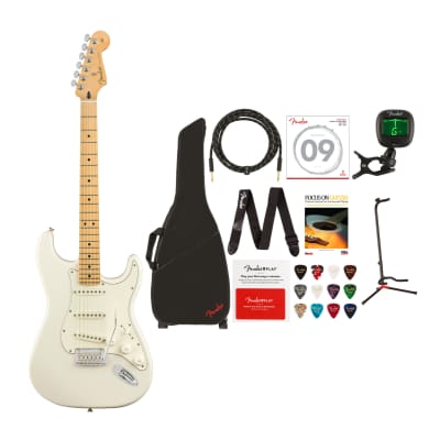Fender Player Stratocaster 6-String Electric Guitar with Gig Bag, Cable, Adjustable Guitar Stand, Tuner, Steel Strings, Strap, Book, Guitar Picks and Prepaid Card Bundle (10 Items) for sale