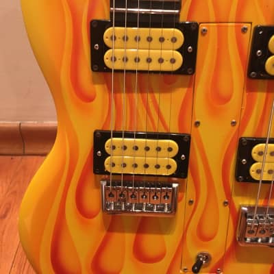 Custom Made 6 + 6 Baritone Solid Body Doubleneck Guitar 2022 Yellow w/ Flames image 3