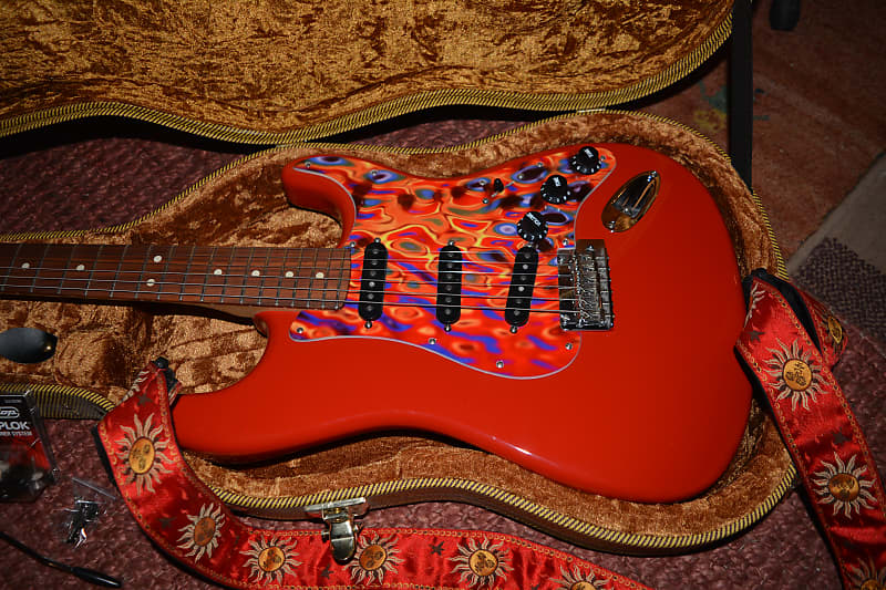 A firery Fender Player Stratocaster in Red w/New Flame Pickguard, New Dunlop Straploks, New Case, & New Set-Up! image 1
