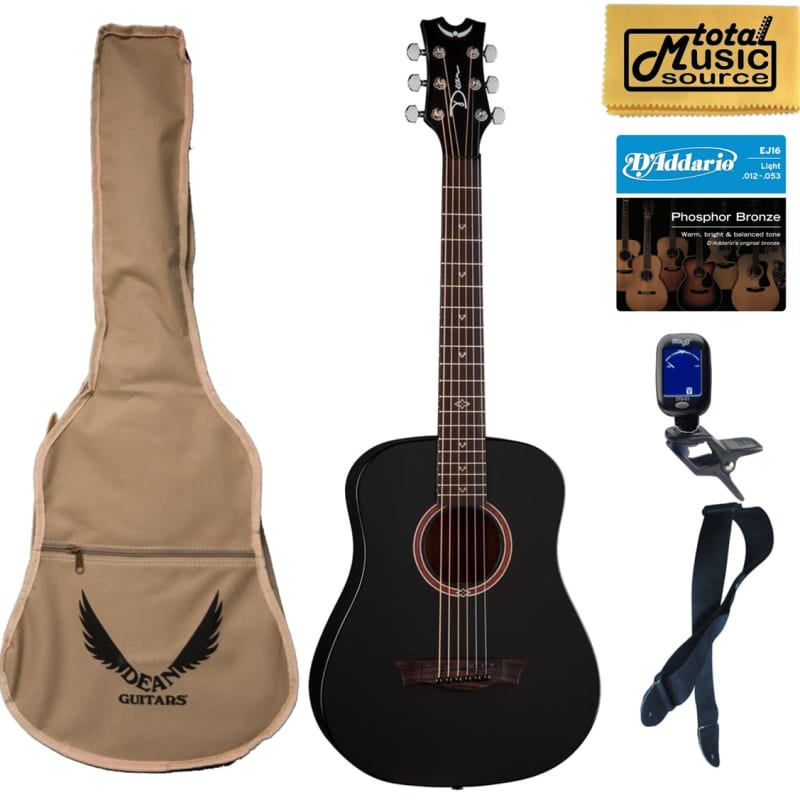 Dean Guitars 3/4 Flight Series Travel Acoustic Guitar, Black Satin, FLY BKS