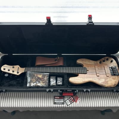 MG Bass MGBASS JB1 SPALTED MAPLE 5-string bass, Made in USA, SPALTED MAPLE top, ASH body, 3-piece MAPLE neck, EBONY fretboard, BARTOLINI pickups and preamp, Italia Leather Straps 4” wide Acorn Amber strap, GATOR hardshell case image 24