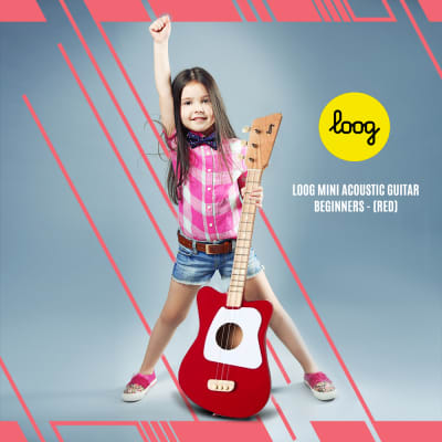 Loog Mini Acoustic Guitar (Red) Comes Ready to Play with Regular Guitar Strings, 3 Notes, Standard Tuning Great for Riffing, with Lessons, Flashcards Great for Children w/ Basic Accessories Bundle image 2