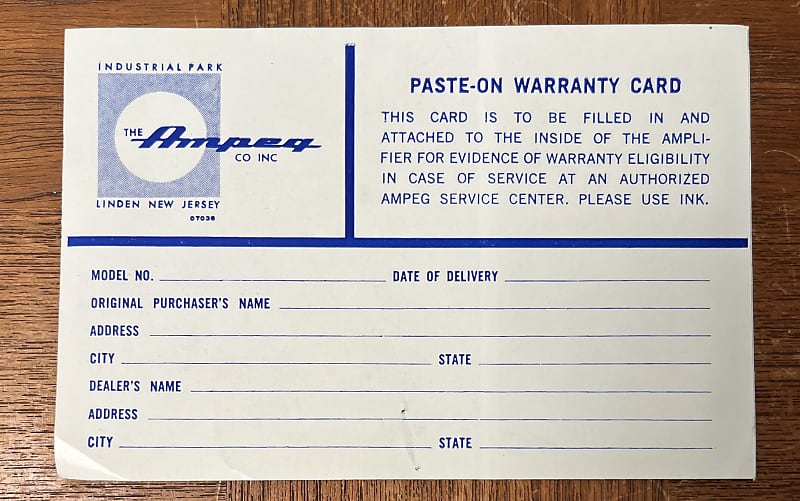 Ampeg PasteOn Warranty Card 1960’s Reverb