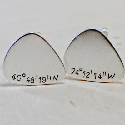 Sterling silver coordinate guitar pick cuff links with latitude and longitude image 5