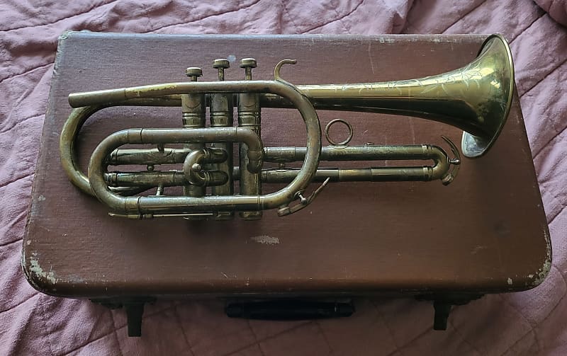 Vintage 1940's WM Frank Cornet Project brass trumpet horn with case image 1