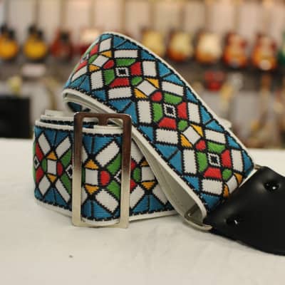 Souldier Guitar Strap Vintage Stained Glass Blue w/ black leather ends *Free Shipping in the USA* image 1