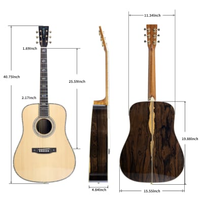 TARIO 41'' Acoustic All Solid Guitar Solid A+Sitka Spruce Top Solid Palo Santo Back and Sides Mahogany Neck Including a Wooden Case,High Gloss image 2