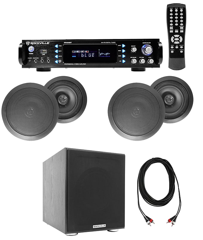 (4) Black Ceiling Speaker+Bluetooth Amp/Receiver+Subwoofer 4 Restaurant/Office  			