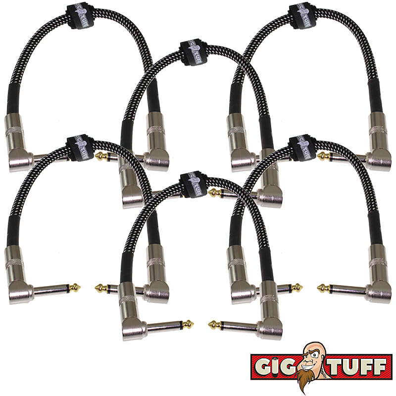6-Pack Gig Tuff 12" right-angle 1/4 patch cable tweed 8mmOD low-capacitance gold image 1