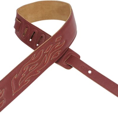 Levy's DM1SGF-BRG 2.5" Leather Guitar/Bass Strap w/ Flame  Embroidery - Burgundy image 2