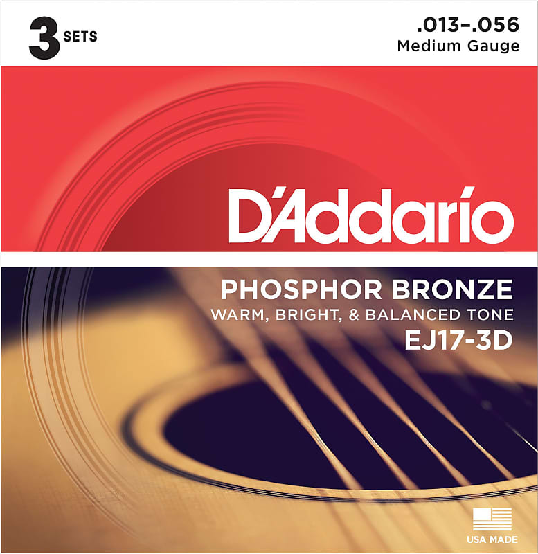 D'Addario EJ17-3D Phosphor Bronze Acoustic Guitar Strings, Medium, 13-56, 3 Sets image 1