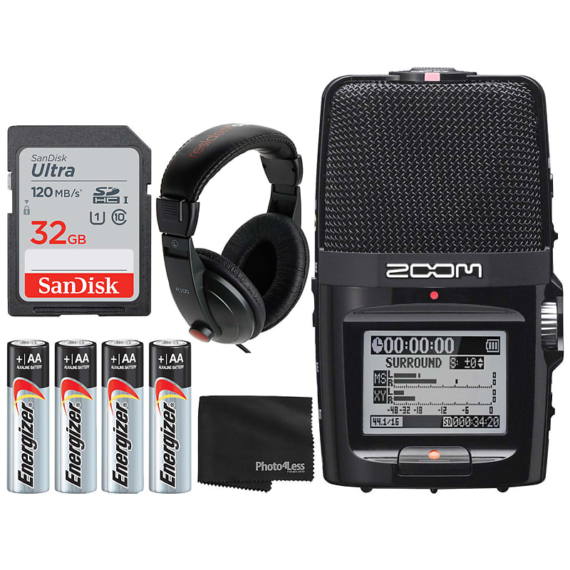 Zoom H2n 2-Input / 4-Track Portable Handy Recorder with Onboard 5-Mic Array  + SanDisk 32GB Memory Card + Lavalier Mic + Batteries & Charger + Tabletop