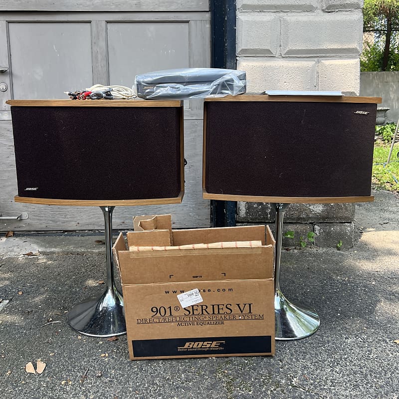 Vintage MCM Bose 901 Series VI Direct/Reflecting Speakers w/ Active EQ &amp; Chrome Tulip Stands – Tested, Audiophile Set (Ask About Shipping)  			